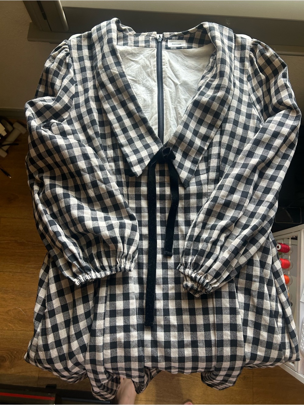 AUREUM Black & White Gingham Tie-Front Puff Sleeve dress